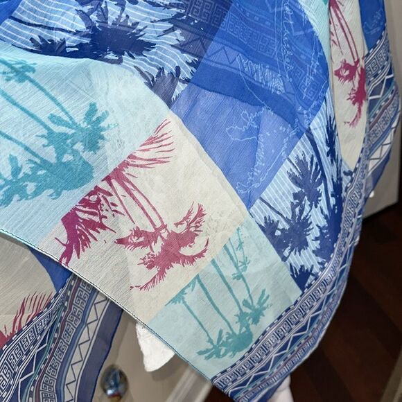 kensie Blue Pink Green White Sheer Square Patch Tropical Print Square Scarf Wrap - Picture 5 of 10